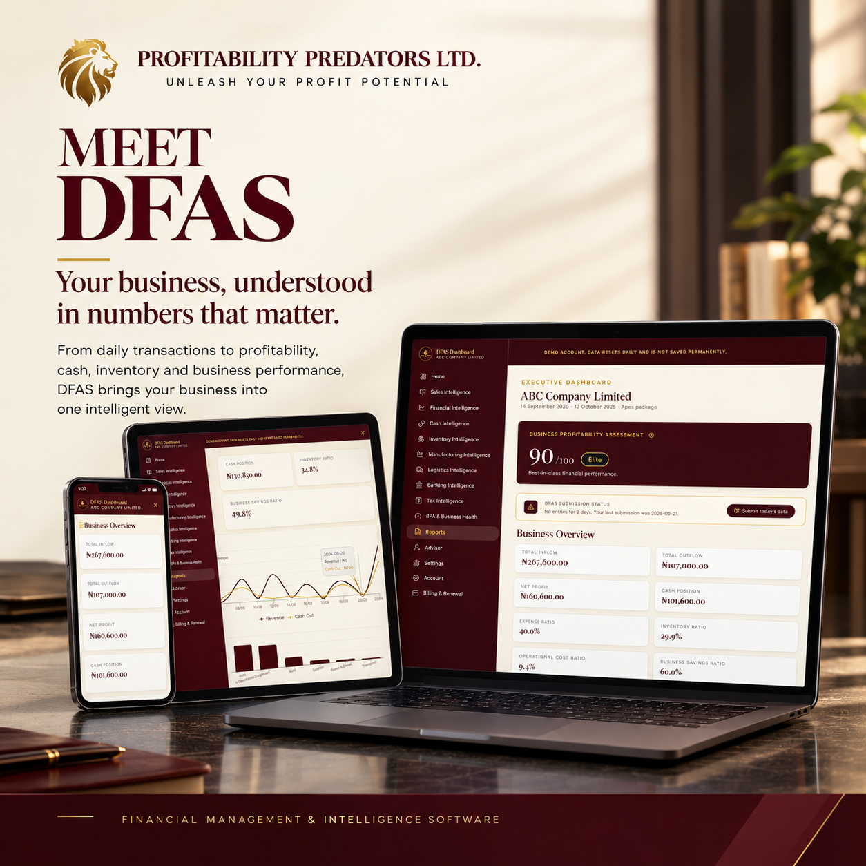 DFAS dashboard shown on laptop, tablet and phone
